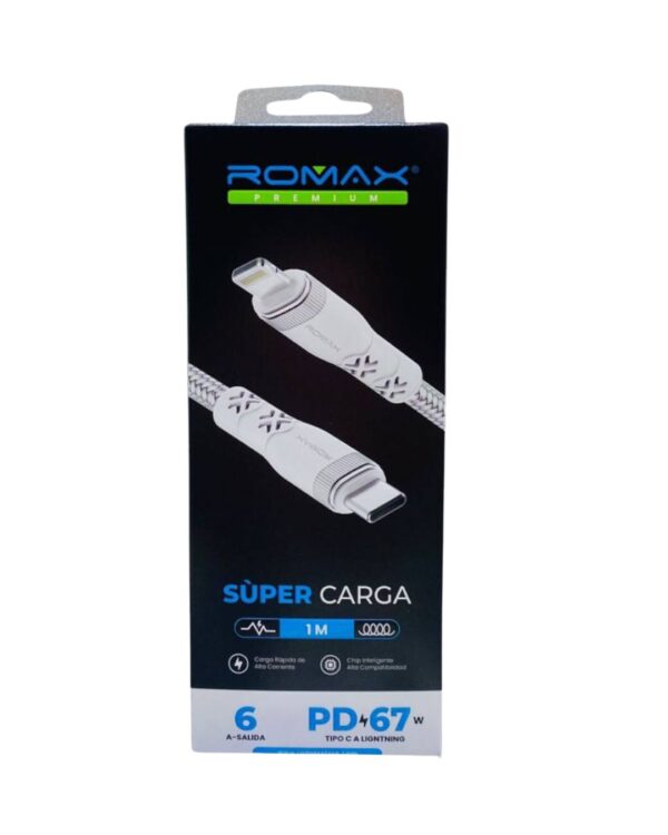 CABLE ROMAX SUPER CARGA 67W 6A (TIPO-C A TIPO LIGHTNING)