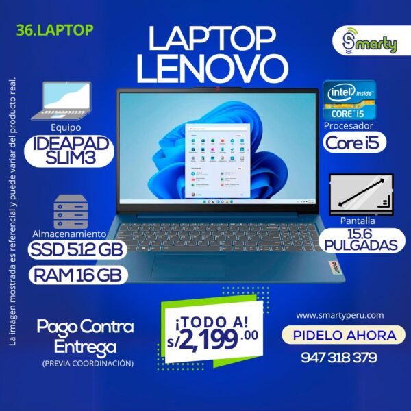 LAPTOP LENOVO IDEAPAD SLIM3 - Intel Core i5 12450H 2.0GHz - RAM 16GB - SSD 512GB - 15.6" FHD - Imagen 2