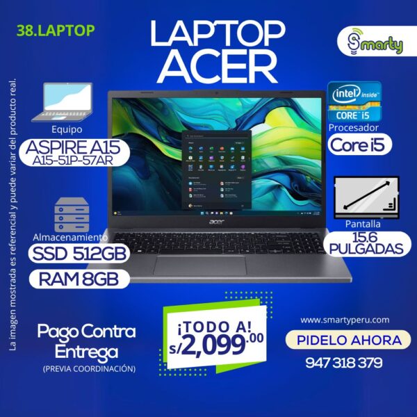LAPTOP ACER ASPIRE 15 -A15 51P 57AR - Intel Core i5 120U 1.4/5.0 GHz - RAM 8GB - SSD 512GB - 15.6" FHD - Imagen 2